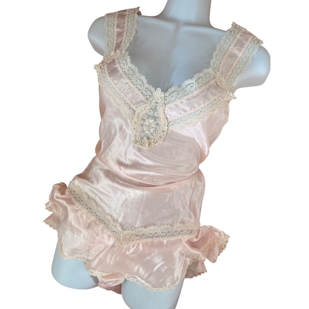 Vintage Delicates Light Pink Satin Lace Ruffle Teddy Bodysuit Lingerie